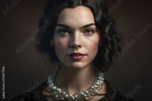 Subdued Elegance Portrait of a Brunette Woman with a Black Blouse and a Pearl Necklace, generative ai