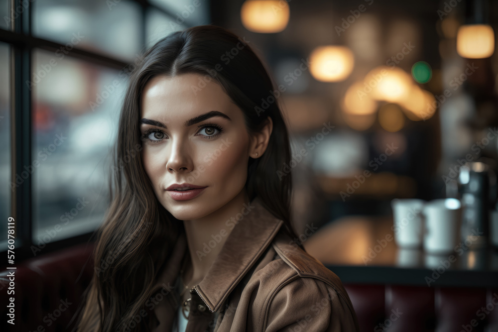 Stylish brunette woman posing in a trendy cafe, sipping a latte, generative ai Stylish brunette woman posing in a trendy cafe, sipping a latte, generative ai