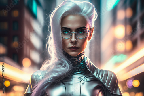 Stepping into the Future Futuristic Portrait of a Woman with Silver Hair and a Shiny Outfit Against a Neon Cityscape, generative ai