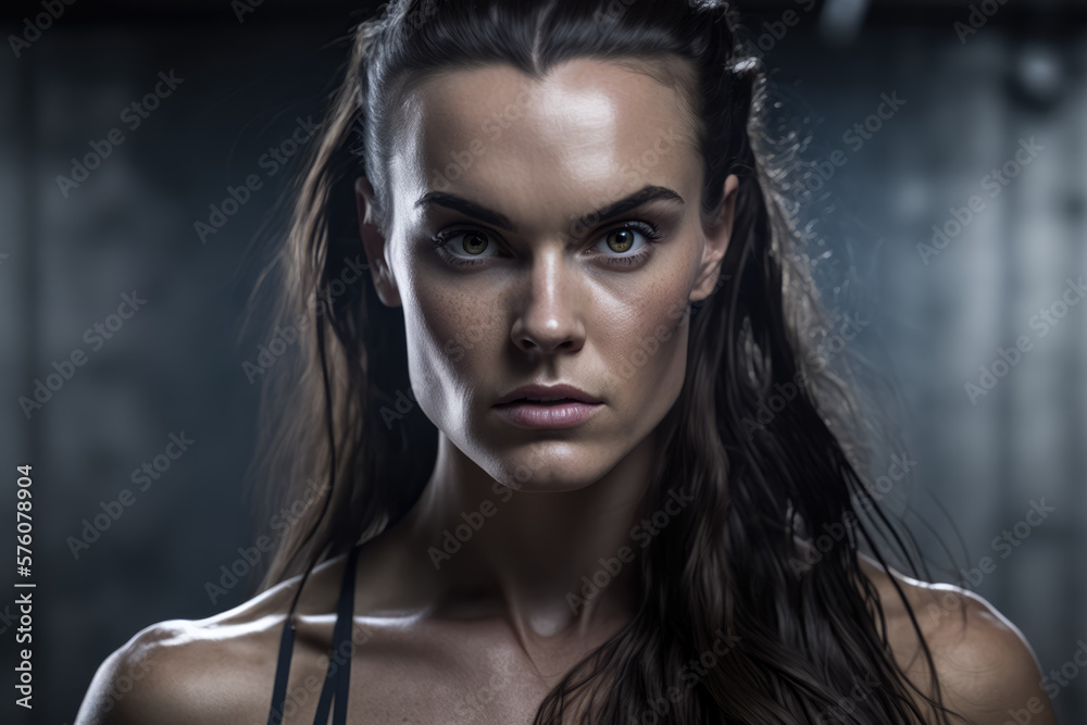 Serious Looking Athlete with Long Brunette Hair and Fitness Apparel, generative ai