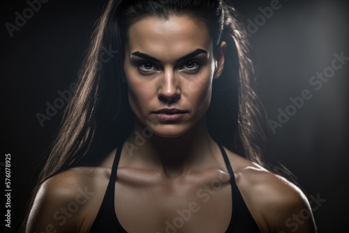 Serious Looking Athlete with Long Brunette Hair and Fitness Apparel, generative ai