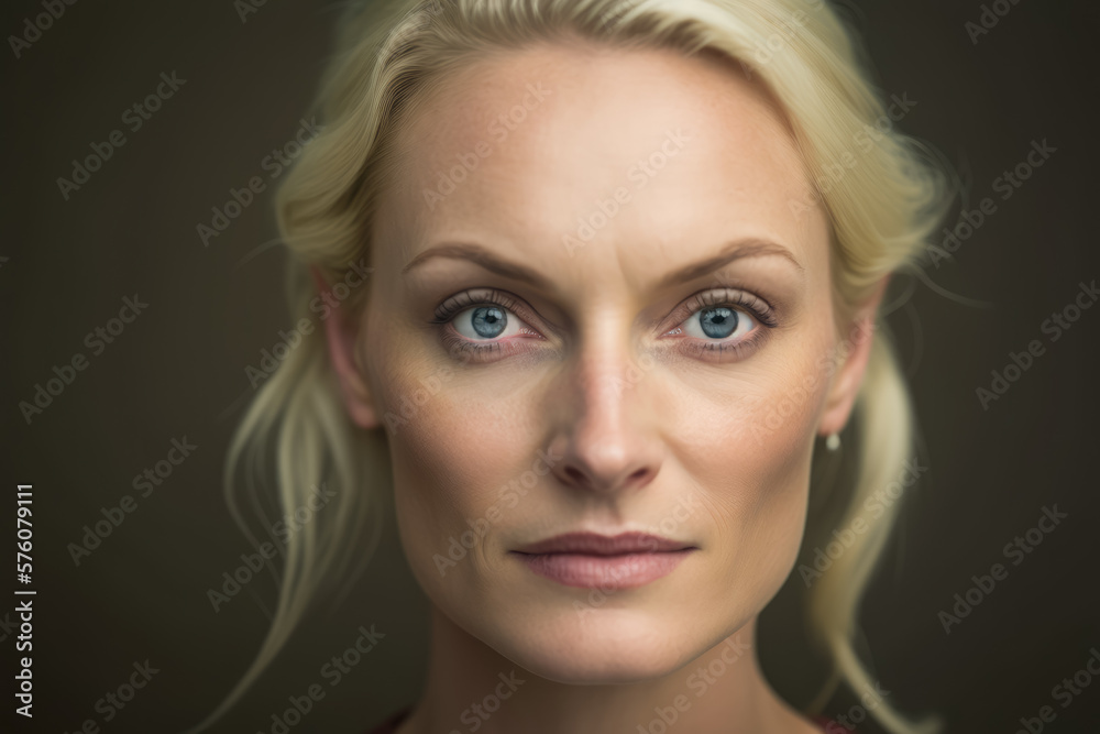 Serene 40-year-old blonde woman with piercing blue eyes and subtle makeup, gazing confidently into the camera against a plain studio background, generative ai Serene 40-year-old blonde woman with piercing blue eyes and subtle makeup, gazing confidently into the camera against a plain studio background, generative ai
