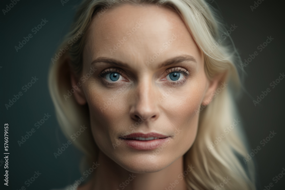 Fototapeta premium Serene 40-year-old blonde woman with piercing blue eyes and subtle makeup, gazing confidently into the camera against a plain studio background, generative ai