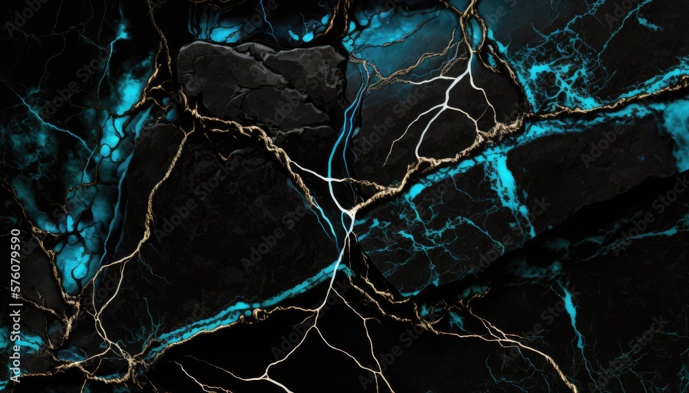 Fototapeta premium A Gorgeous Display of Blue and Gold on Black Marble Texture, AI Generative
