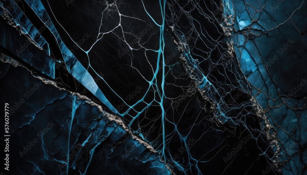 Fototapeta premium Luminous Abyss: Black Marble with Blue and Gold Light Trails, AI Generative