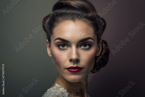 Portrait of an elegant woman with a timeless beauty, her hair styled in a sleek chignon and wearing a vintage dress with intricate lace details, generative ai