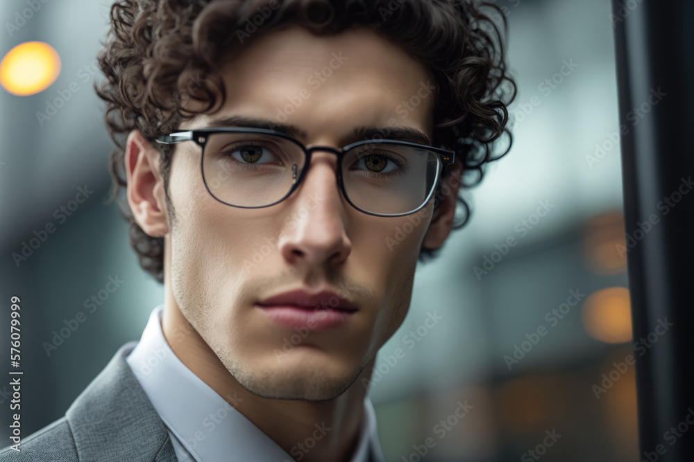 Portrait of a young businessman with curly brown hair, wearing glasses and a grey suit, standing in front of a glass skyscraper, generative ai Portrait of a young businessman with curly brown hair, wearing glasses and a grey suit, standing in front of a glass skyscraper, generative ai