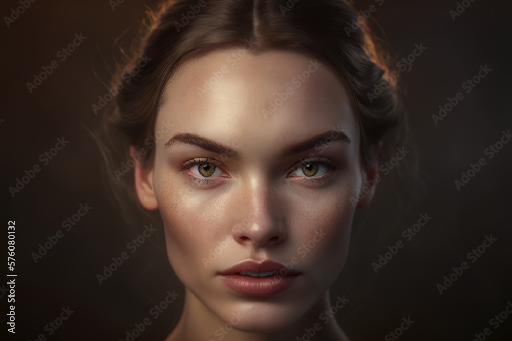 Fototapeta premium Portrait of a woman with striking and unique features, her high cheekbones and full lips accentuated by the soft light in the studio, generative ai