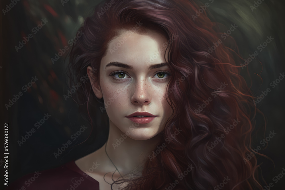 Portrait of a woman with piercing green eyes, her hair styled in loose waves cascading down her shoulders and her lips painted a deep shade of burgundy, generative ai Portrait of a woman with piercing green eyes, her hair styled in loose waves cascading down her shoulders and her lips painted a deep shade of burgundy, generative ai