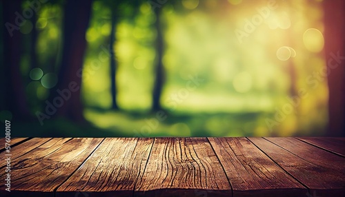 A Rustic Empty Wooden Table Against a Spring Forest Background. Generative AI