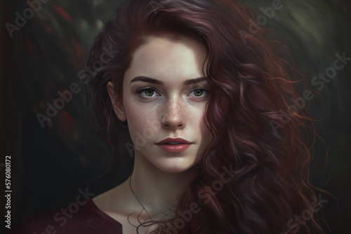 Portrait of a woman with piercing green eyes, her hair styled in loose waves cascading down her shoulders and her lips painted a deep shade of burgundy, generative ai