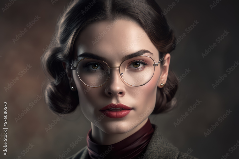 Portrait of a refined and intellectual woman with glasses and a classic blazer, generative ai Portrait of a refined and intellectual woman with glasses and a classic blazer, generative ai
