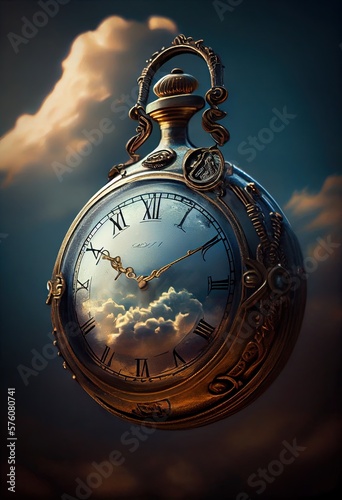 The Ancient Passage of Time: An Old Pocket Watch Against a Fantasy Sky Scene: Generative AI