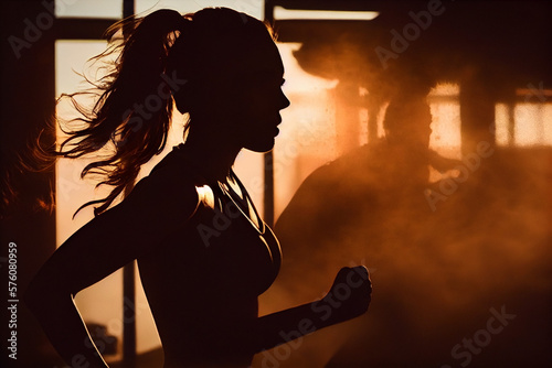 Silhouette of a fitness girl exercising during the day. Created with Generative AI technology