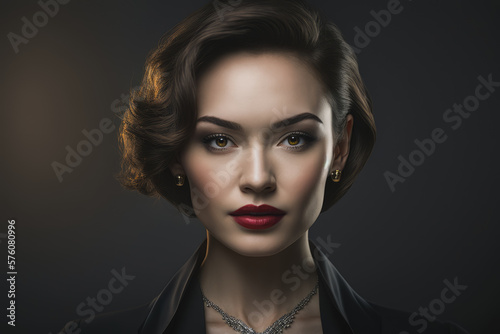 Portrait of a fierce and confident businesswoman with short brown hair and brown eyes, wearing a black blazer and a statement necklace, generative ai