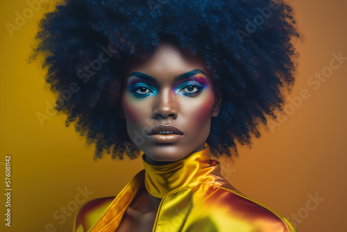 Portrait of a confident and radiant woman with curly hair styled in a voluminous afro, bold and colorful makeup, and a proud and determined expression, generative ai