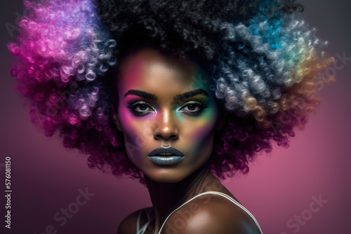 Portrait of a confident and radiant woman with curly hair styled in a voluminous afro  bold and colorful makeup  and a proud and determined expression  generative ai