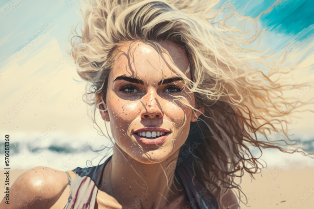 portrait of a carefree and adventurous blonde woman with a wild hairstyle on a sandy beach, generative ai