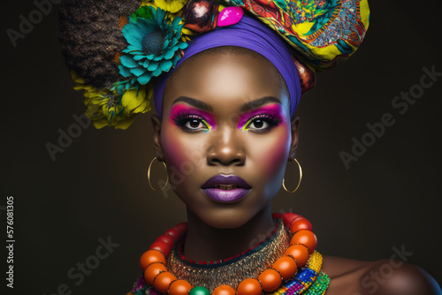 Portrait of a colorful and vibrant woman with bold makeup and funky accessories, generative ai
