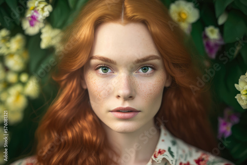 portrait of a charming redhead woman with freckles and a vintage outfit in a colorful garden, generative ai