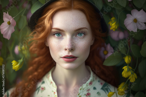 portrait of a charming redhead woman with freckles and a vintage outfit in a colorful garden, generative ai