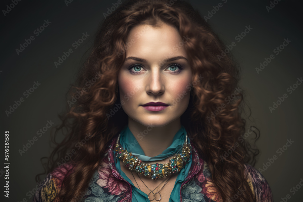Portrait of a beautiful and creative businesswoman with long curly hair and blue eyes, wearing a colorful patterned blouse and a bohemian necklace, generative ai Portrait of a beautiful and creative businesswoman with long curly hair and blue eyes, wearing a colorful patterned blouse and a bohemian necklace, generative ai