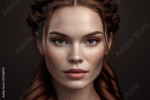 Portrait of a beautiful woman with long straight hair and an intricate braid  wearing a natural makeup look  generative ai