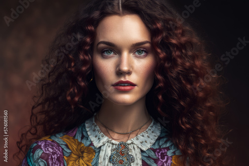 Portrait of a beautiful and creative businesswoman with long curly hair and blue eyes, wearing a colorful patterned blouse and a bohemian necklace, generative ai