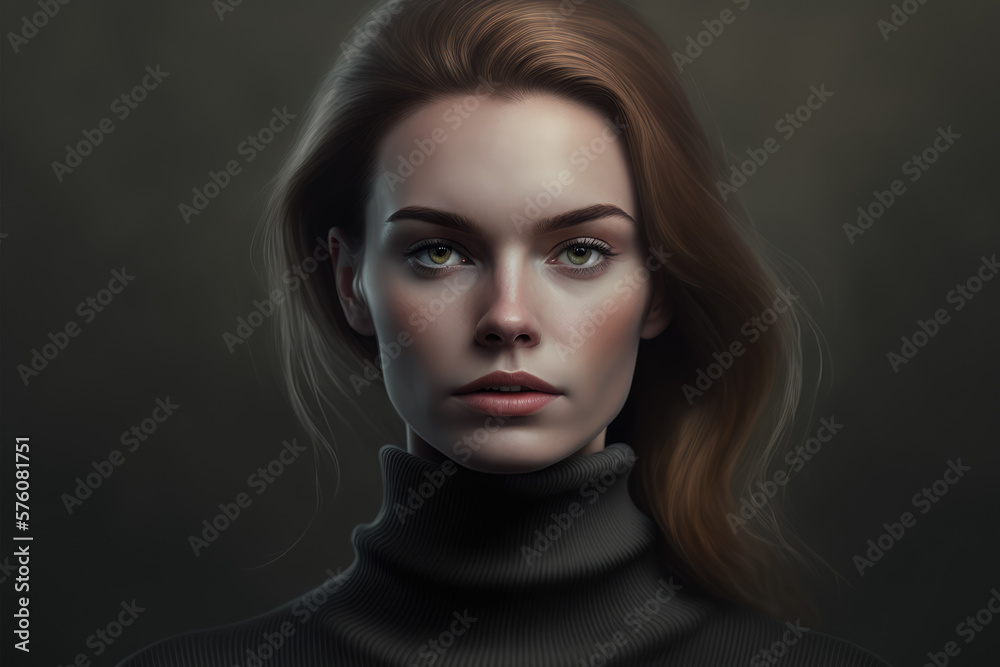 Minimalistic Chic Portrait of a Woman with a Black Turtleneck and a Silver Pendant Necklace, generative ai