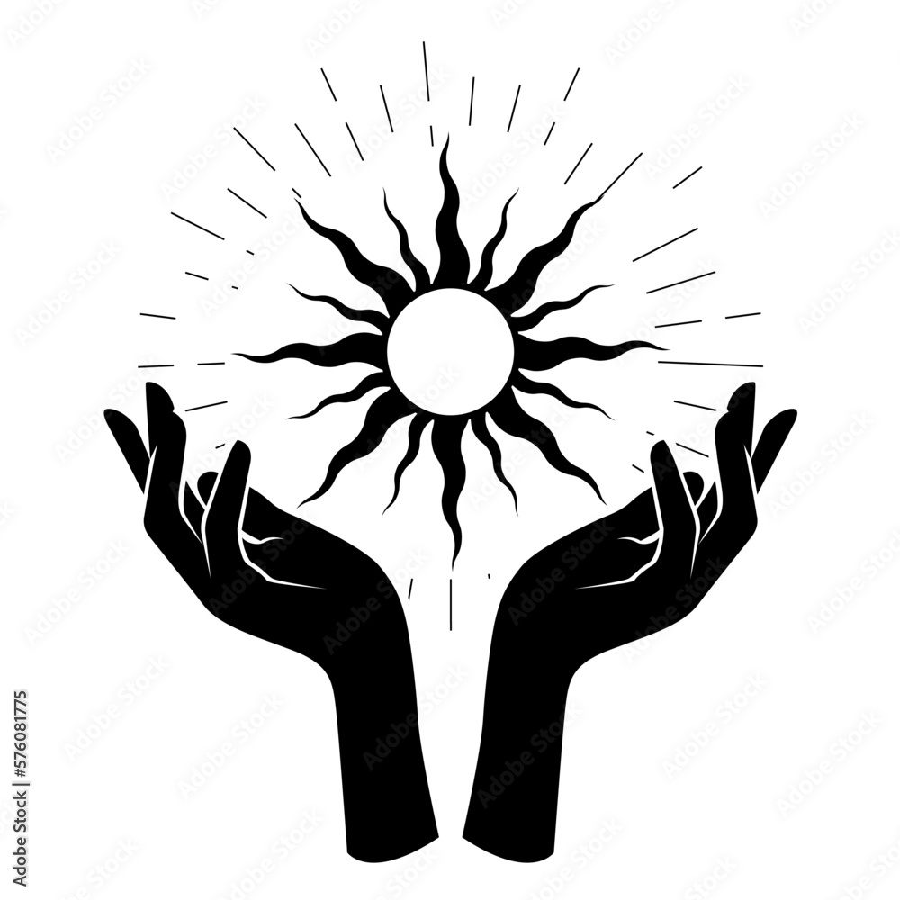 Woman hands hold black sun, occultism and mysticism, spells and witchcraft, star, vector - obrazy, fototapety, plakaty 