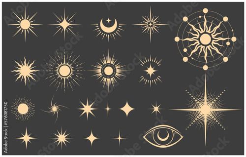 Set of mystical star icons, magic moon and astrology stars in tarot style, christmas decoration, vector