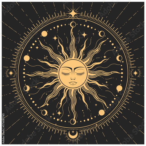 Sleeping sun with closed eyes, astrology symbol, sun with face in ornate frame , tarot magic, vector photo