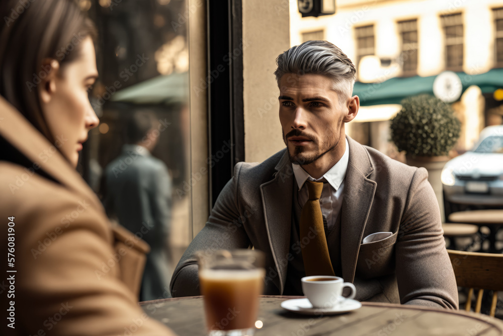 Intense businessman negotiating a deal with a potential client over coffee at a cozy cafe in a bustling downtown area, generative ai