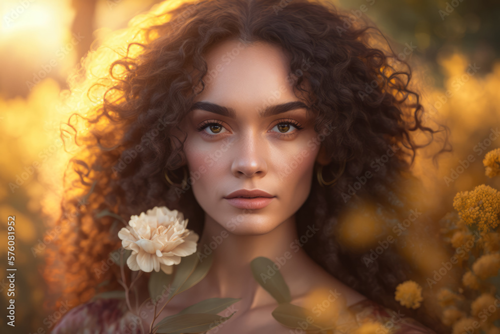 Golden Hour Radiant Portrait of a Woman with Curly Hair and a Flowery Dress Bathed in Warm Sunlight, generative ai Golden Hour Radiant Portrait of a Woman with Curly Hair and a Flowery Dress Bathed in Warm Sunlight, generative ai