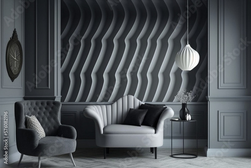 A visually striking render of a room with grey Pantone decor and bold furniture photo