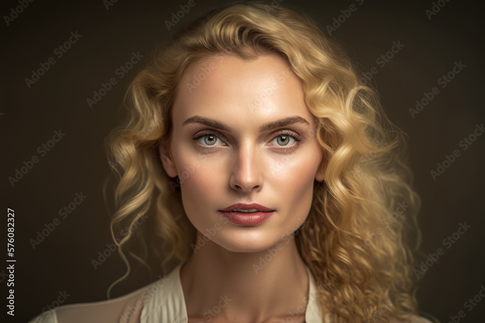 Elegant and graceful 40-year-old blonde woman with soft curls and a confident gaze, wearing a simple white blouse against a plain studio background, generative ai