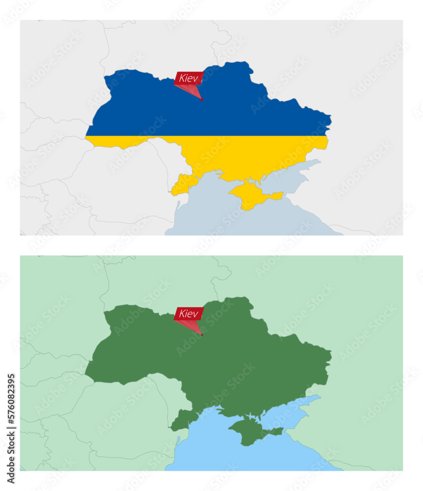 Ukraine map with pin of country capital. Two types of Ukraine map with neighboring countries.