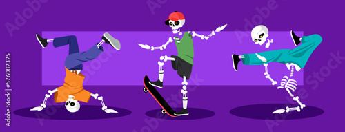 Fototapeta Naklejka Na Ścianę i Meble -  Vector illustration of cute and beautiful dancing modern dance skeletons on a purple background. Charming characters of skeletons dance in the style of: break-dance, hip-hop, house in a cartoon style.