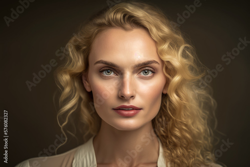Elegant and graceful 40-year-old blonde woman with soft curls and a confident gaze, wearing a simple white blouse against a plain studio background, generative ai