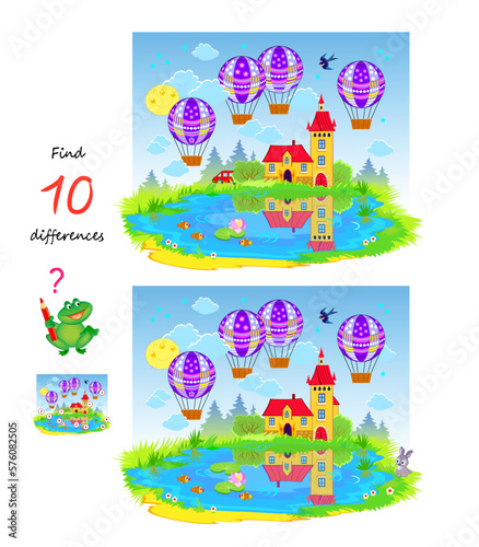 Find 8 differences. Illustration of landscape with lake. Logic puzzle game for children and adults. Page for kids brain teaser book. Developing counting skills. Vector drawing.