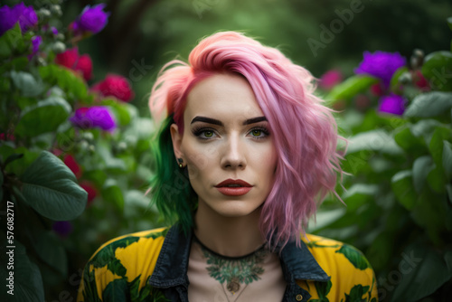 Colorful Stroll in the Park Playful Portrait of a Woman with Pink Hair and a Bold Outfit Surrounded by Vibrant Greenery  generative ai