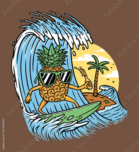Pineapple is surfing in the sea