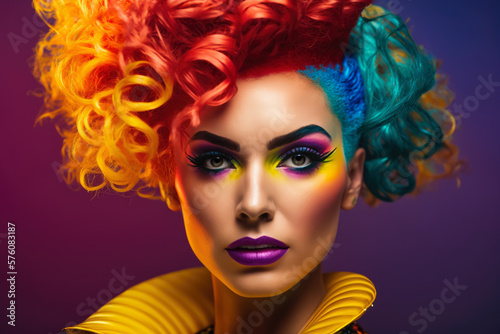 Close-up of a vibrant and creative woman with bold makeup, colorful hair, and eclectic accessories, wearing a funky outfit, generative ai