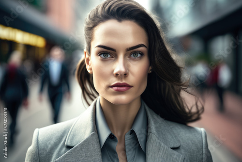 Close Up of an attractive business woman walking on a busy city street  generative ai