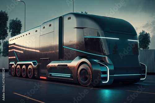 Bus truck of the future on autopilot, futuristic transport autonomous driving, ai