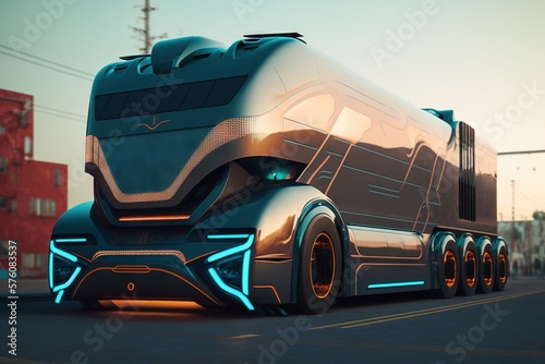 Bus truck of the future on autopilot, futuristic transport autonomous driving, ai © Gizmo