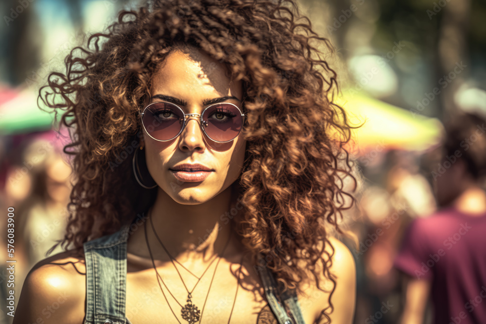 Bohemian woman with long curly hair enjoying a sunny day at a music festival, generative ai Bohemian woman with long curly hair enjoying a sunny day at a music festival, generative ai