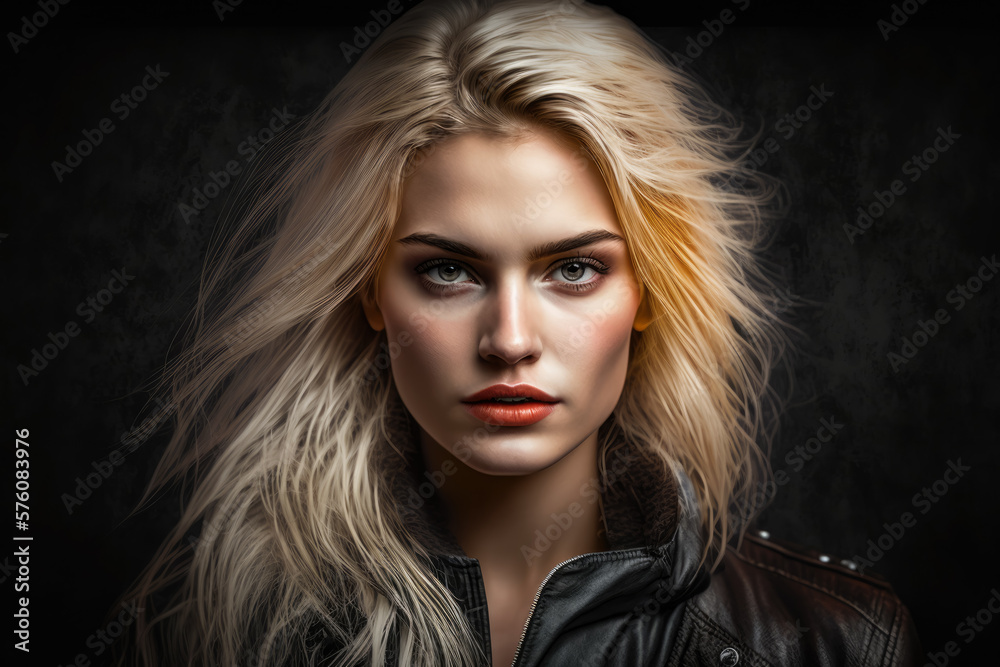 Blonde Ambition Captivating Portrait of a Blonde Woman in a Black Leather Jacket, generative ai