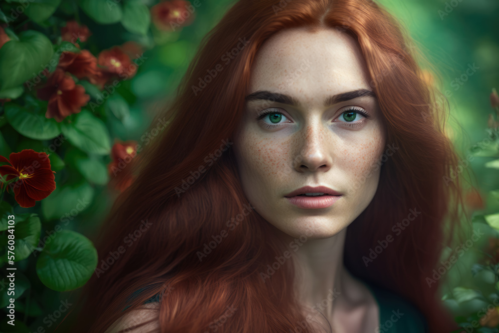 Beautiful young woman with long red hair wearing a green sundress in a blooming garden, generative ai