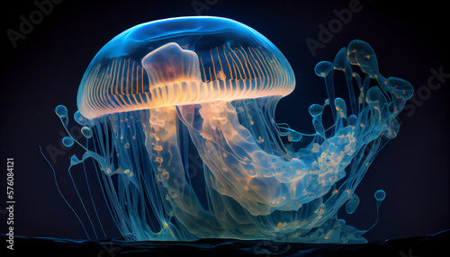 Jellyfish glowing on black background, Generative AI